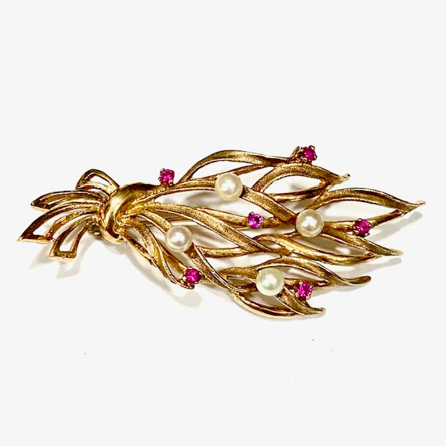 Gold Brooch Set with Pearls and Rubies Pre-loved