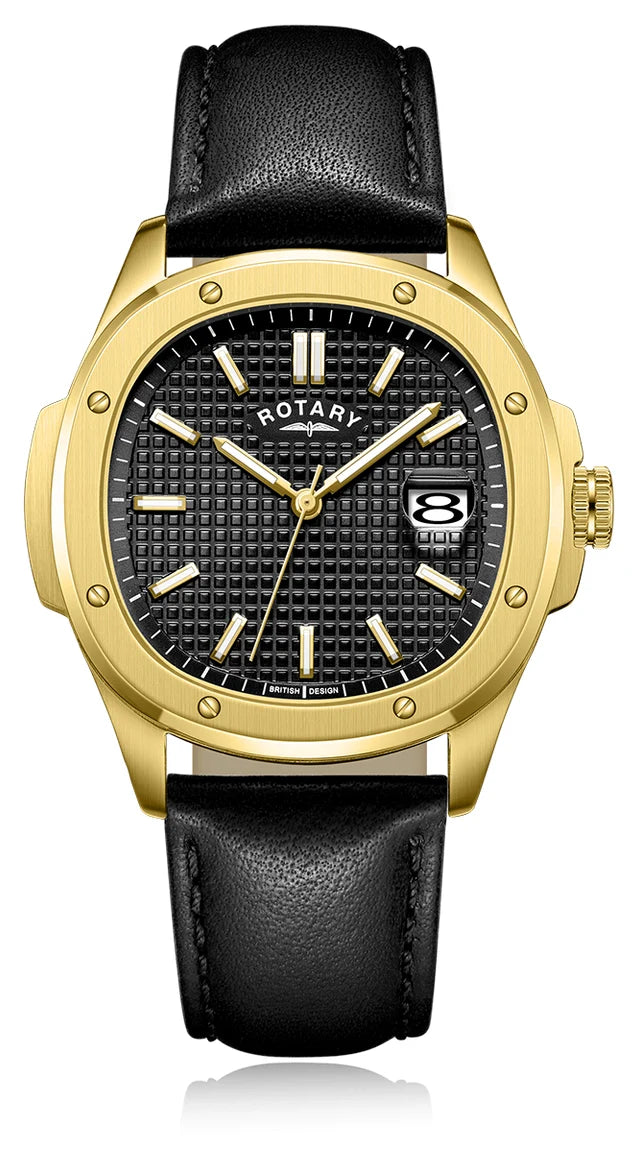 Rotary Sports Apex 100 Gold Plated Stainless Steel Watch on Black Leather Strap