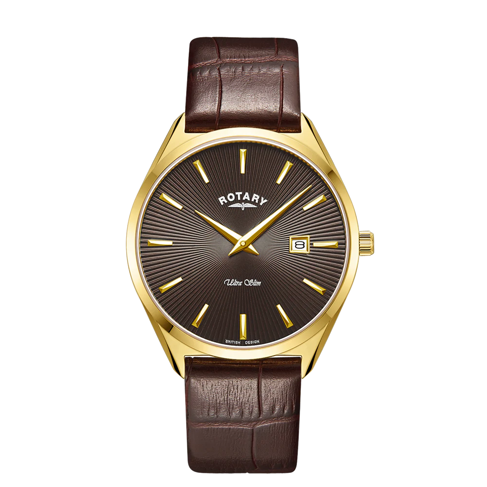 GS08013/49 Gts Rotary Ultra Slim Black dial with date gold plated case on Brown Leather strap