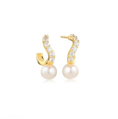 SJ-E12350-PCZ-YG SIF JAKOBS Ponzo Creolo Piccolo Stud Earrings Cubic Zirconia and Freshwater Pearls 18ct Yellow Gold Plated Silver
