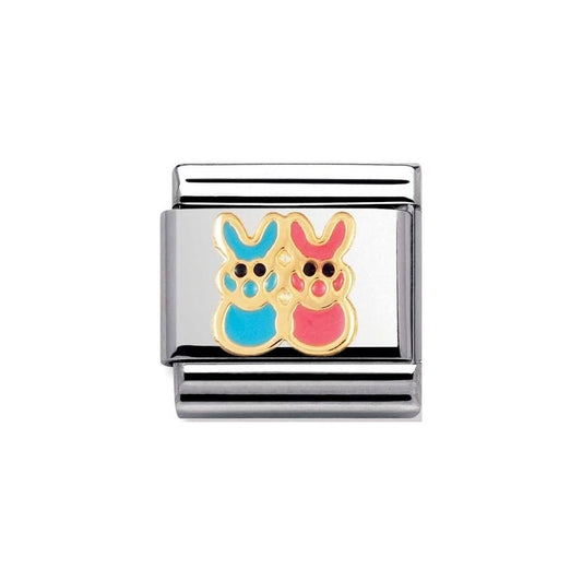 Nomination Classic 18K Gold and Enamel Animals of Earth Blue and Pink Bunnies Charm 030212/45