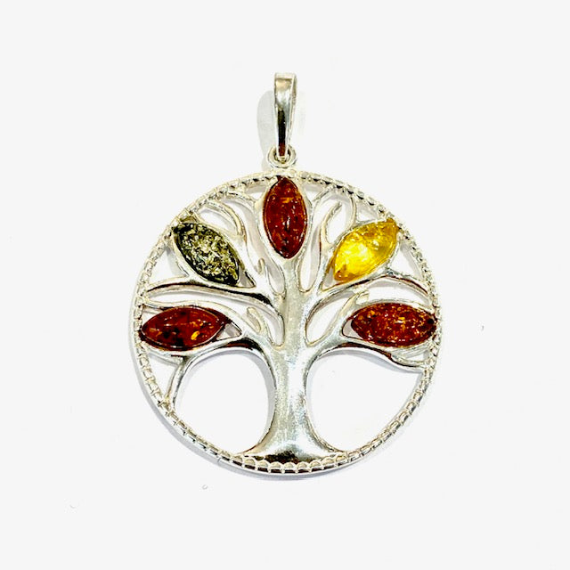 Sterling Silver Multi Colour Amber Tree of Life Pendant