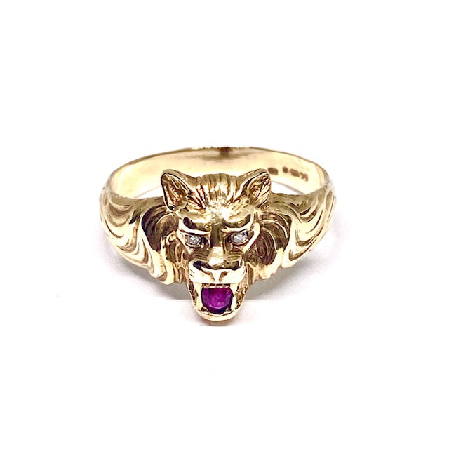 9ct Y/G Lions Head with Ruby/Diamond set Ring Pre-loved