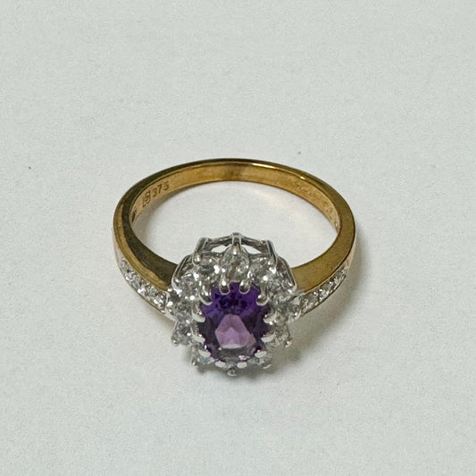 9ct Yellow Gold Amethyst and Cubic Zirconia Set Cluster Ring Pre Loved