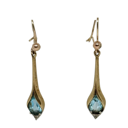 9ct Two Tone Yellow and White Gold Blue Topaz and Diamond Dangling Earrings Pre Loved