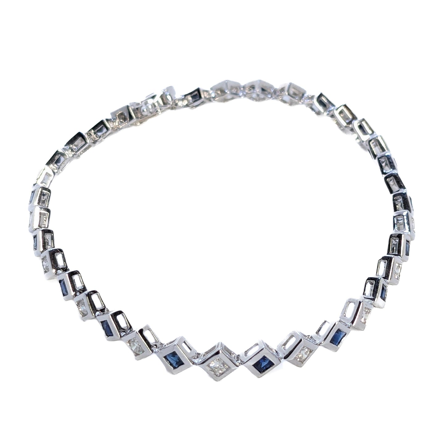18ct White Gold Square Sapphire & RB Diamond Set Tennis 7" Bracelet