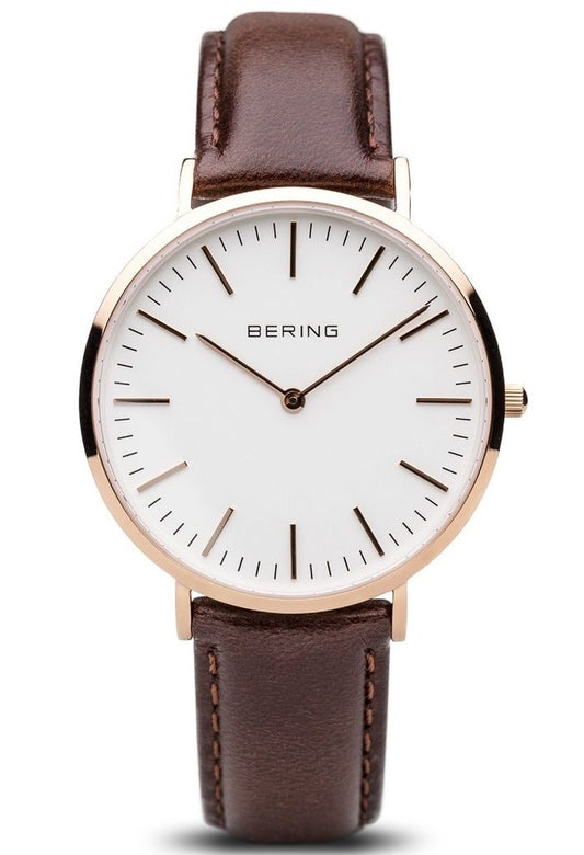 BERING Classic Rose gold plated case  on Black Leather strap Watch 13738-564