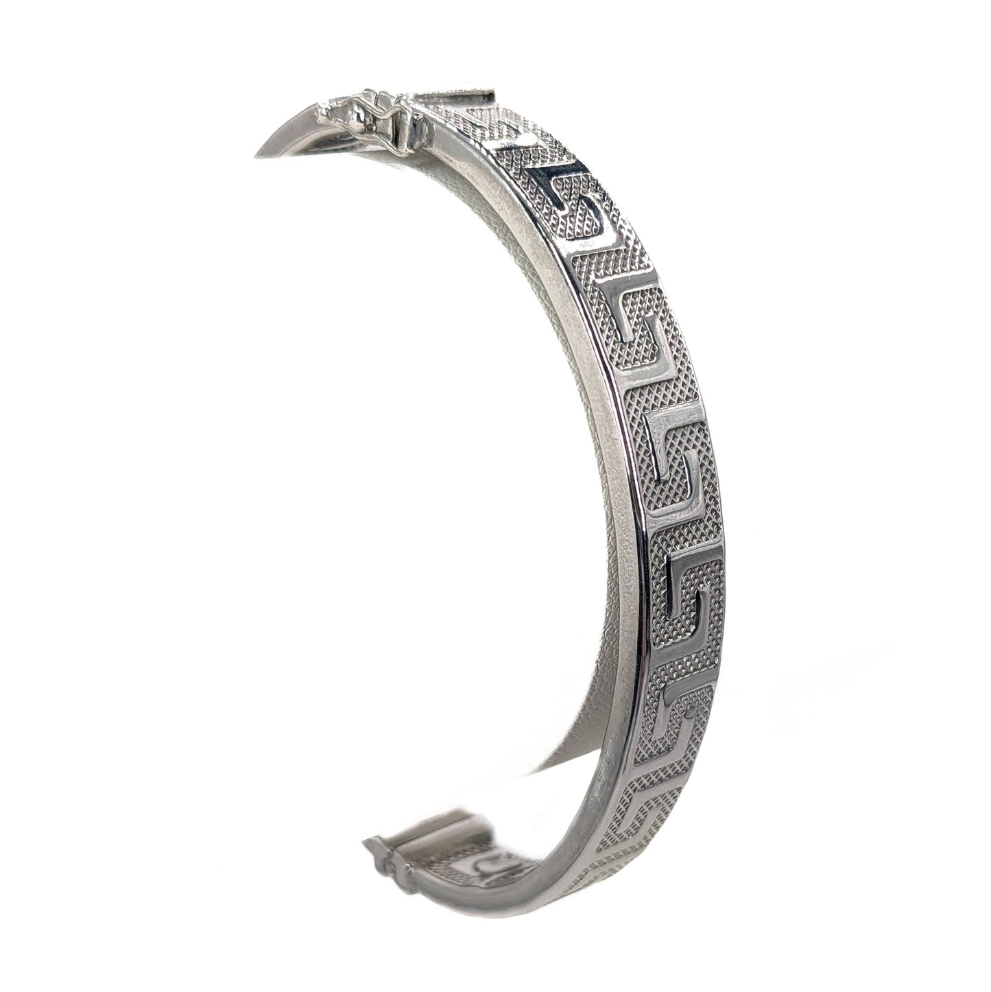 9ct White Gold, Greek Key-Pattern, Flat-Profile, Hinged Bangle