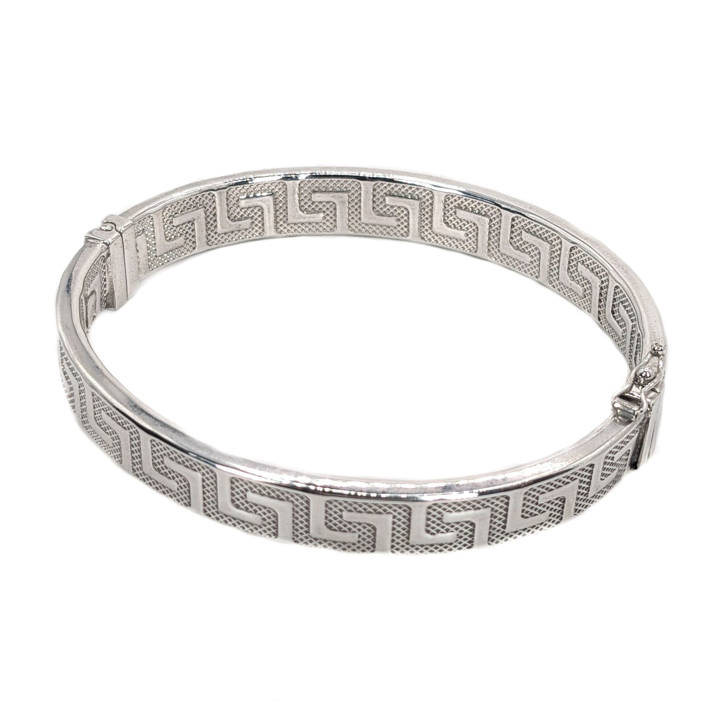 9ct White Gold, Greek Key-Pattern, Flat-Profile, Hinged Bangle