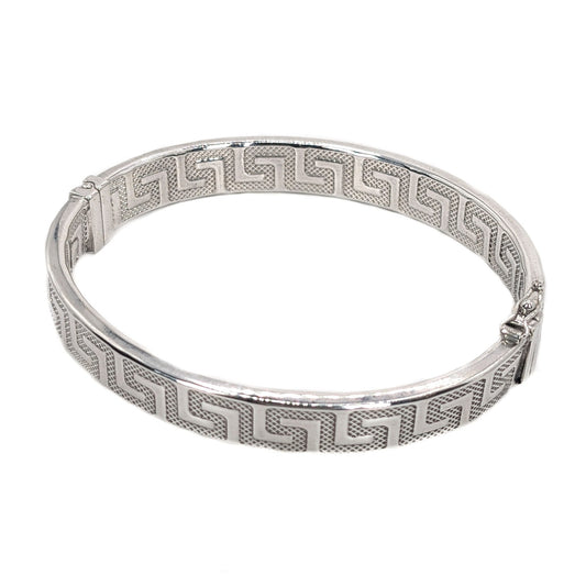9ct White Gold, Greek Key-Pattern, Flat-Profile, Hinged Bangle