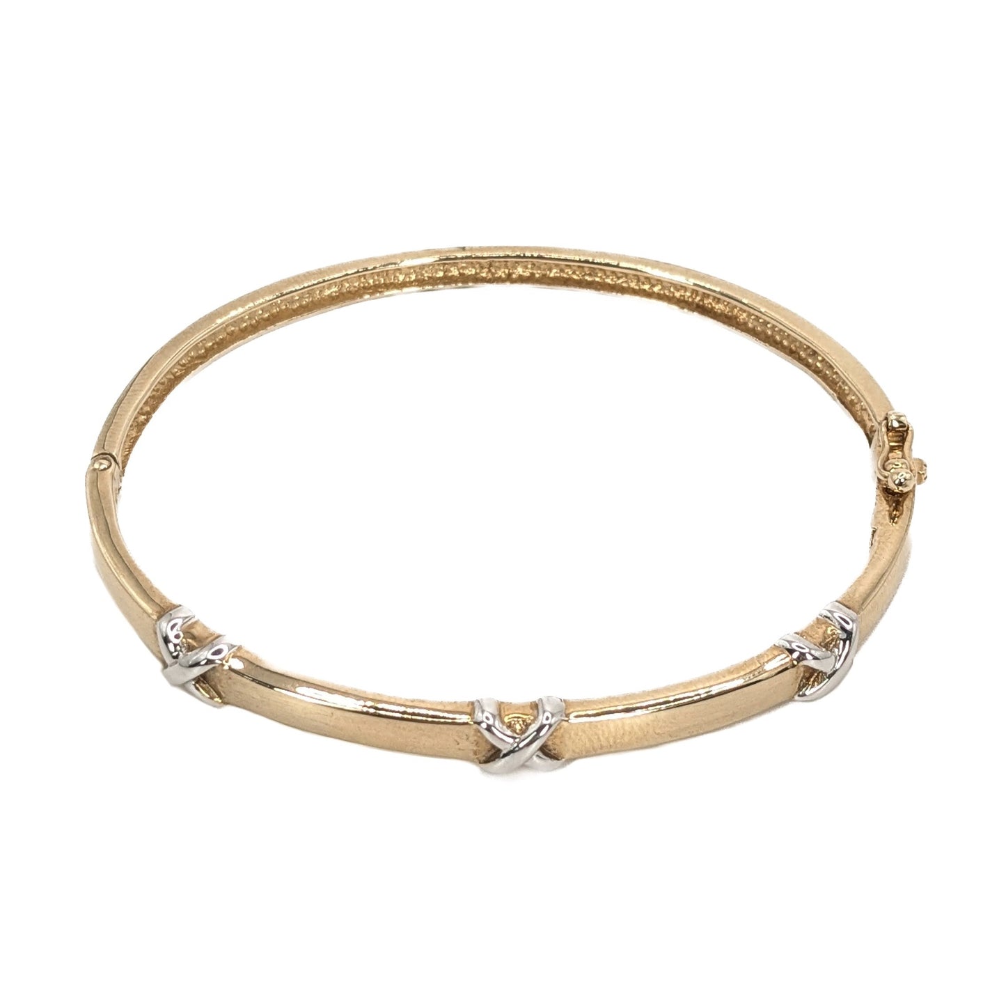 9ct Yellow Gold Hinged Bangle, with White Gold X-Cross Accents