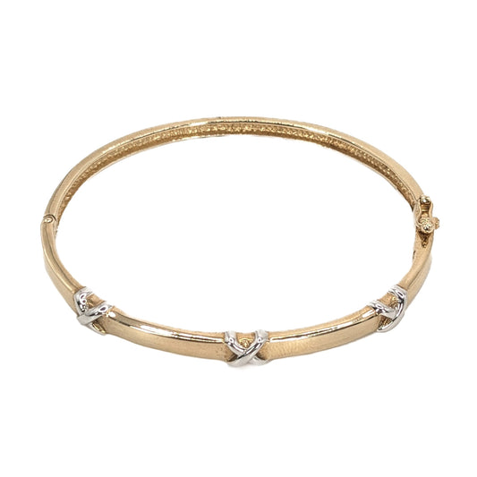 9ct Yellow Gold Hinged Bangle, with White Gold X-Cross Accents