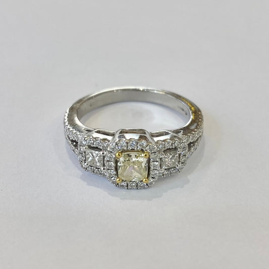 Platinum & Yellow Diamond Cluster Ring with Diamonds on Shoulder 1.02ct Of Diamonds