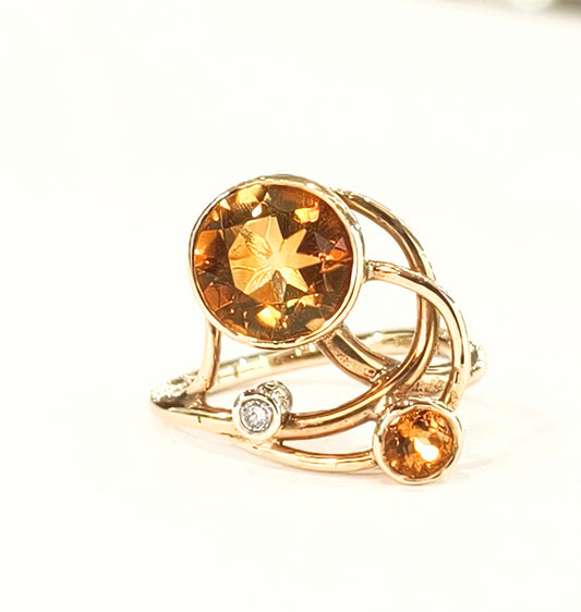 Handmade 9ct Yellow Gold Citirine & Diamond Dress Ring