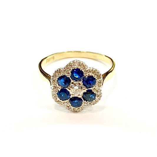 18ct Yellow Gold Sapphire and Diamond Cluster Ring Pre Loved
