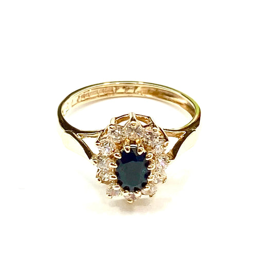 9ct Yellow Gold Sapphire and CZ Set Custer Ring Pre Loved