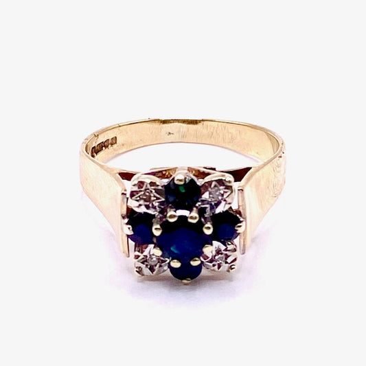 9ct Yellow Gold Sapphire and Diamond Cluster Ring Pre Loved