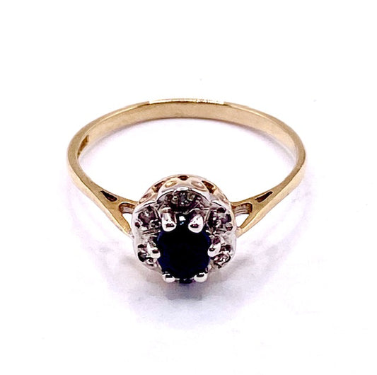 9ct Yellow Gold Sapphire & Diamond Cluster Ring Pre Loved