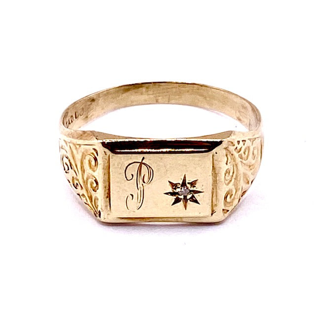 9ct Yellow Gold Diamond Set Initial 'P' Signet Ring Pre Loved