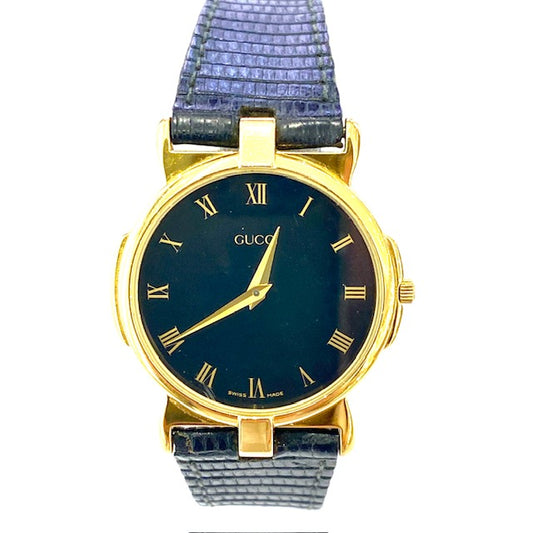 Vintage Gucci 3400M Round Gold Plated Quartz watch on Black Leather Strap Pre Loved