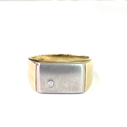 9ct Yellow Gold with White Gold Diamond Set Table Signet Ring Size V