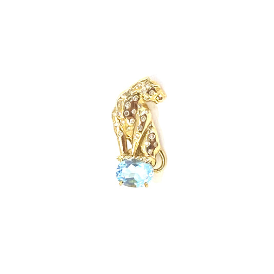 9ct Yellow Gold Diamonds and Blue Topaz Set Leopard Brooch