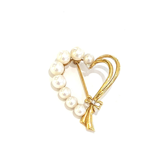 18ct Yellow Gold Pearls & Diamond Set Heart Brooch