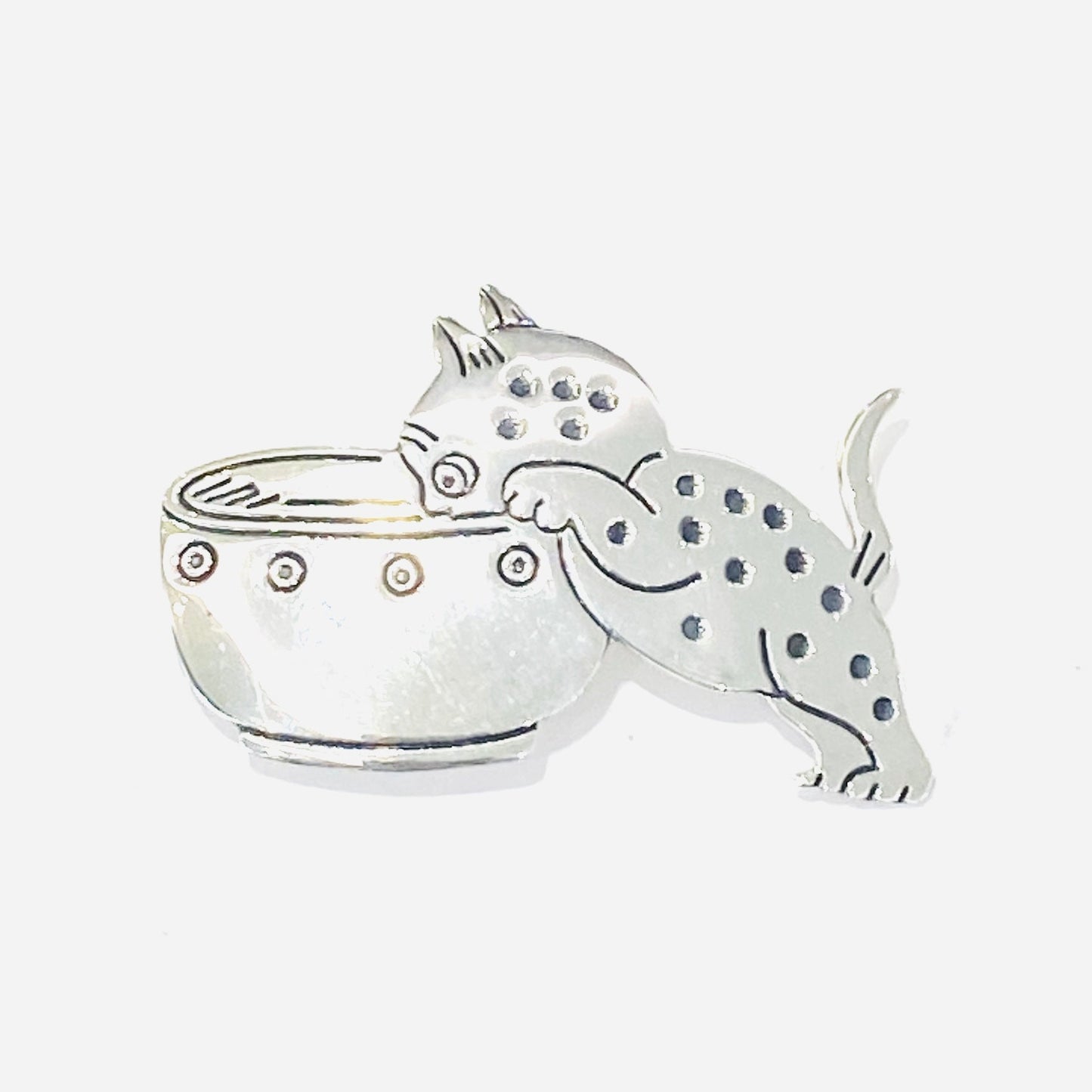 Sterling Silver Cat Drinking Milk Brooch