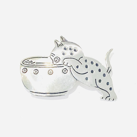 Sterling Silver Cat Drinking Milk Brooch