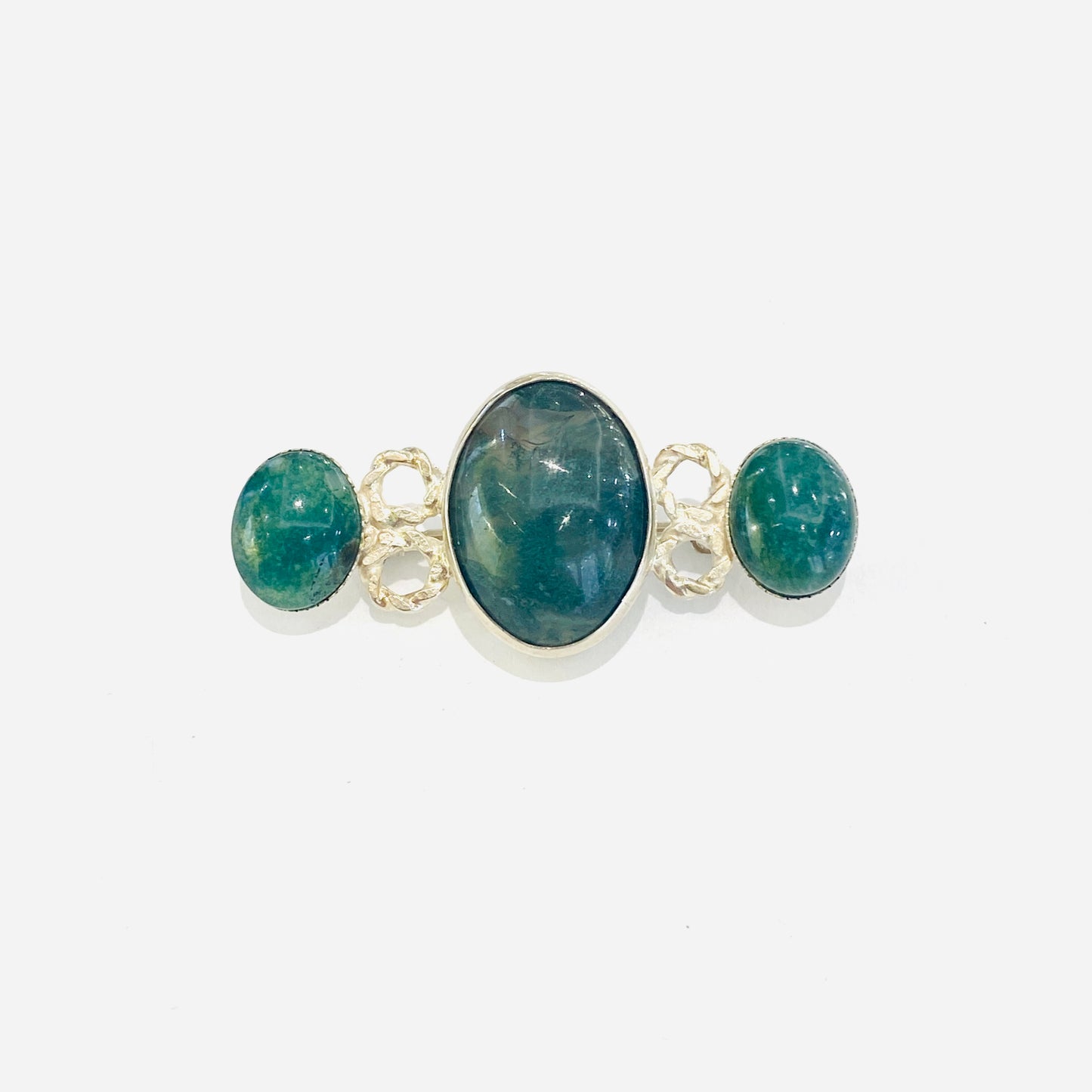 Sterling Silver 3 Oval Green Agate set Brooch