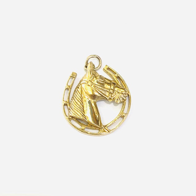 9ct Yellow Gold Horse in Horseshoe Charm Pendant Pre Loved