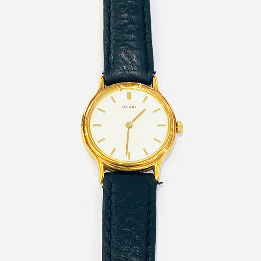 Seiko Gold Plated on Stainless Steel Watch with Black Leather Strap Pre Loved