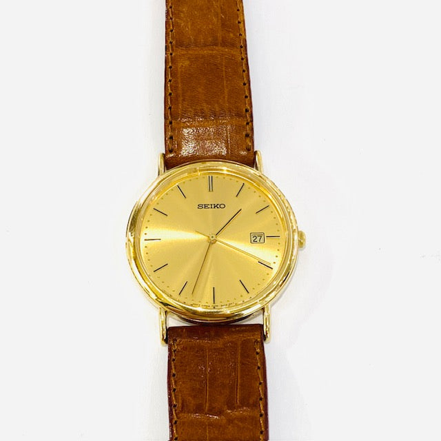 Seiko Gents 9ct Gold Watch on Tan Leather Strap Pre Loved