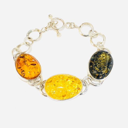 Sterling Silver 3 Colour Large Amber Bracelet