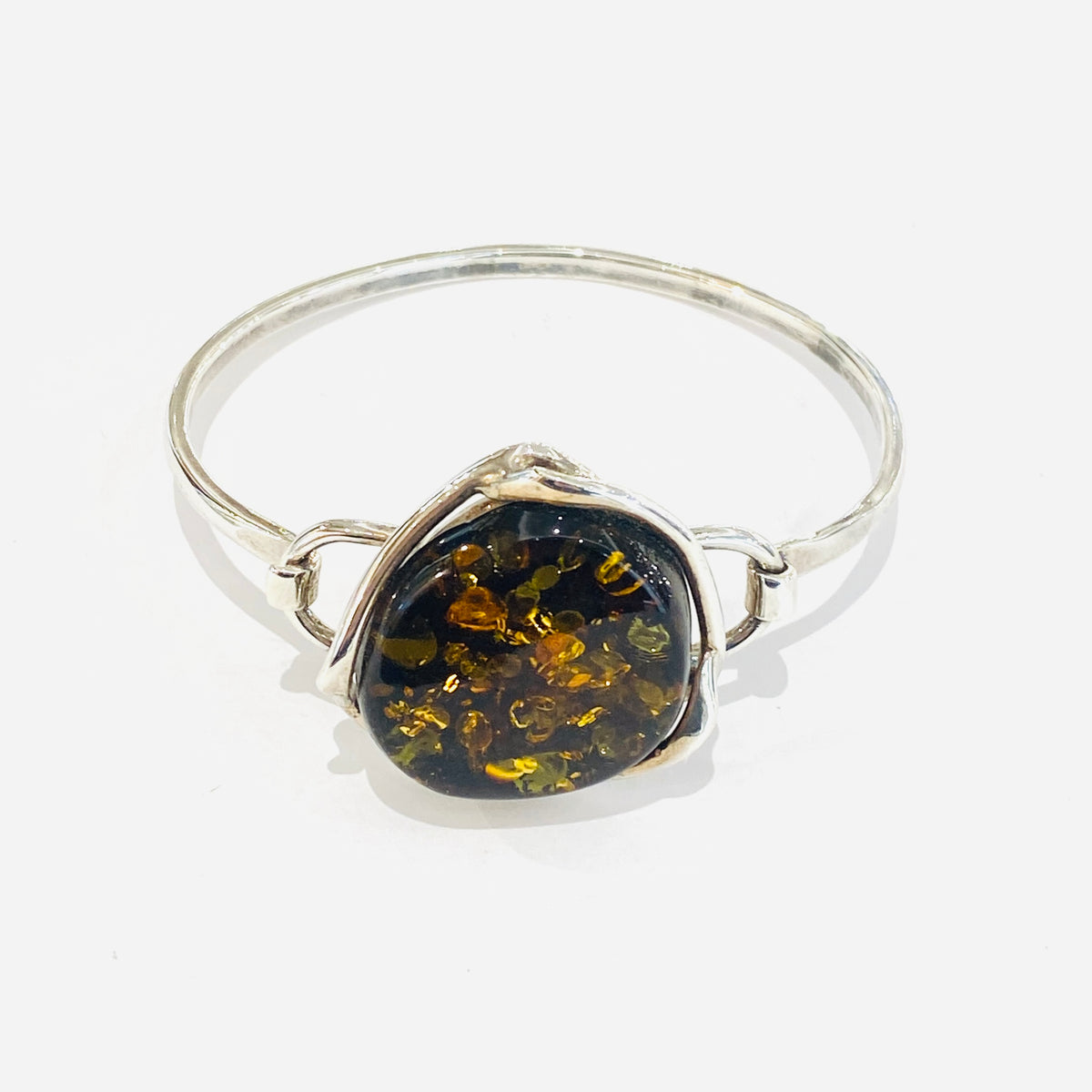 Sterling Silver Large Olive Green Amber Bangle