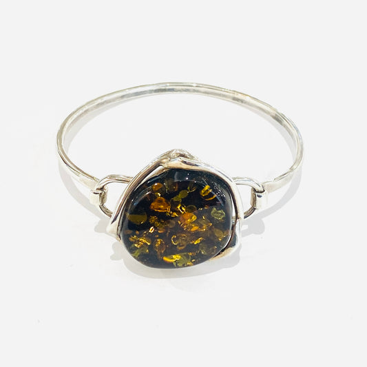 Sterling Silver Large Olive Green Amber Bangle
