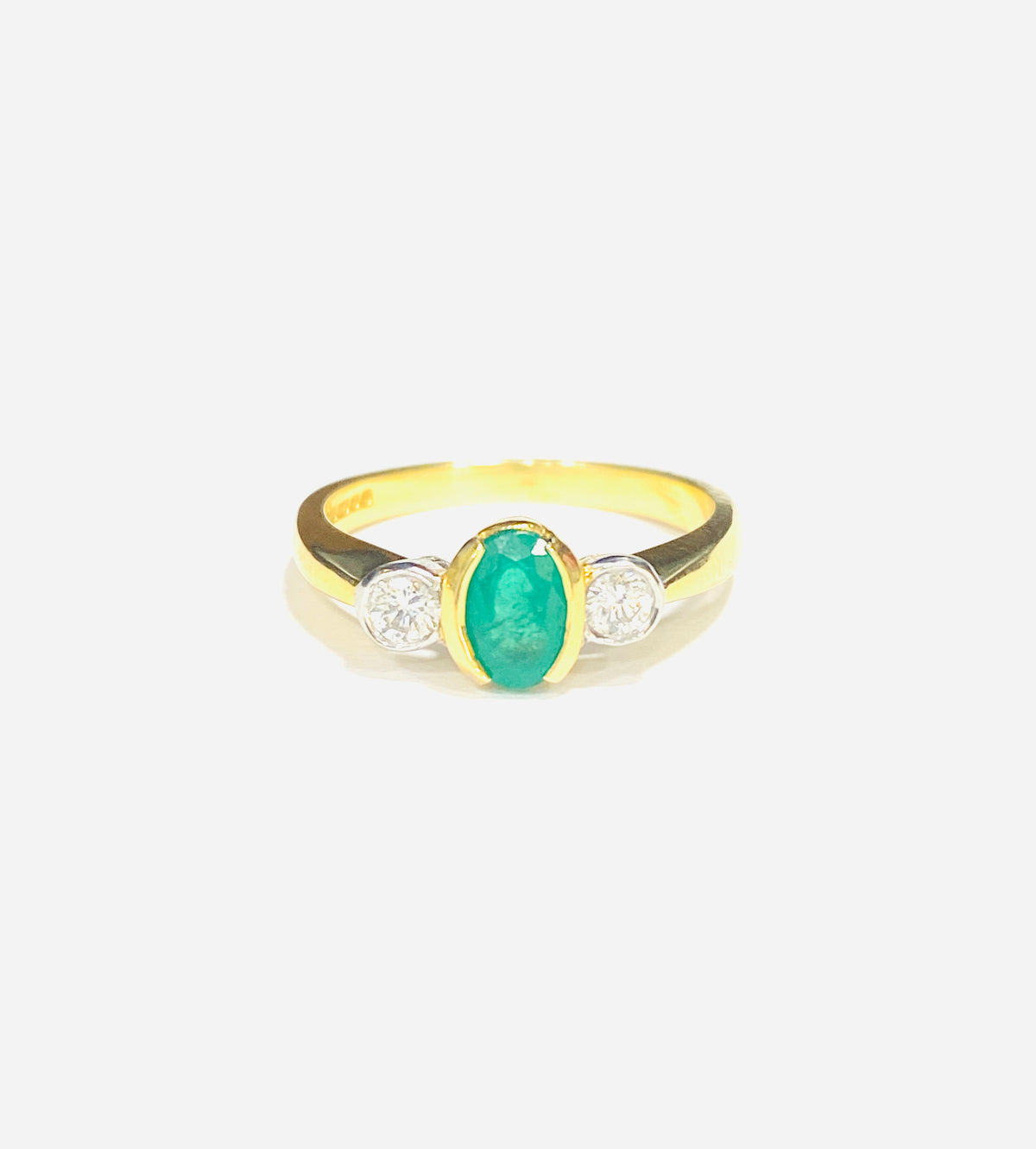 18ct Yellow Gold Oval Emerald & Diamond Trilogy Ring