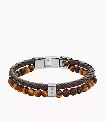 JF03118040 Fossil Tiger's Eye and Brown Leather Bracelet