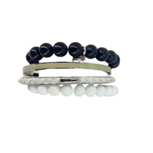 Fossil Ladies Original Leather Stainless Steel Bangle & Beaded Elasticated Bracelet Set JF86122040