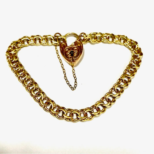 9ct Yellow Gold Double Curb Charm Bracelet with Padlock and safety chain Pre-loved