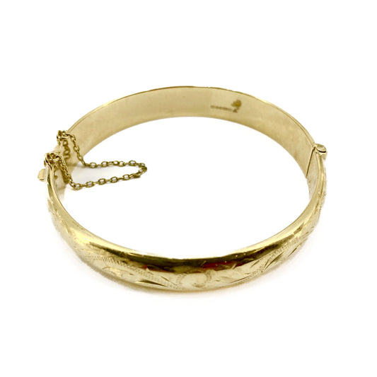 9ct Y/G Engraved Hinge Bangle With Safety Chain Pre Loved