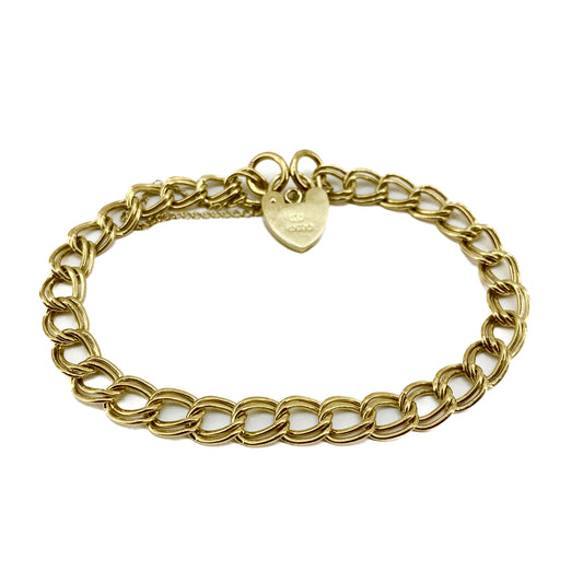 9ct Y/G Double Link Charm bracelet with Padlock and Safety chain Pre Loved