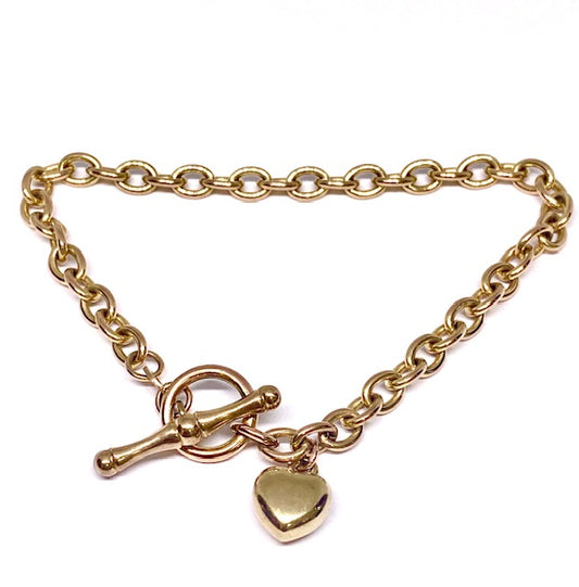 9ct Y/G bracelet with T/Bar fastening and Heart Charm Pre-Loved