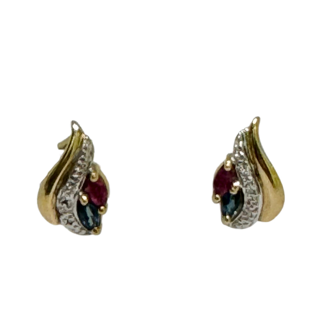 9ct Yellow Gold Ruby and Sapphire Stud Earrings Pre Loved