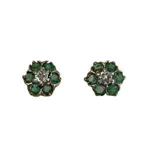 9ct Yellow Gold Flower Cluster Emerald and Diamond Stud Earrings Pre-Loved