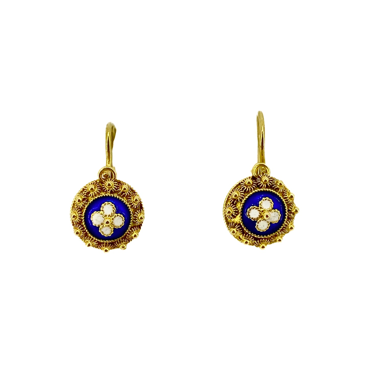 Yellow Gold Blue Enamel European Style Drop Earrings Pre Loved