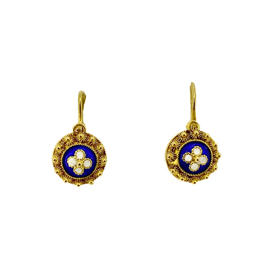 Yellow Gold Blue Enamel European Style Drop Earrings Pre Loved