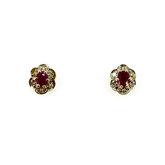 9ct Yellow Gold Ruby and Diamonds Cluster Stud Earrings Pre-Loved