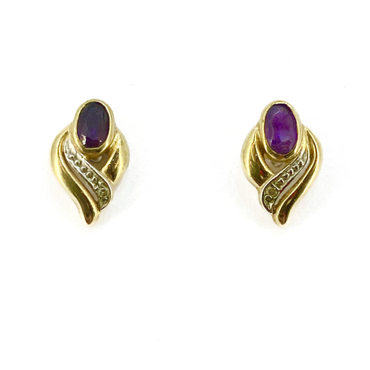 9ct Yellow Gold Amethyst Set Stud Earrings Pre-Loved