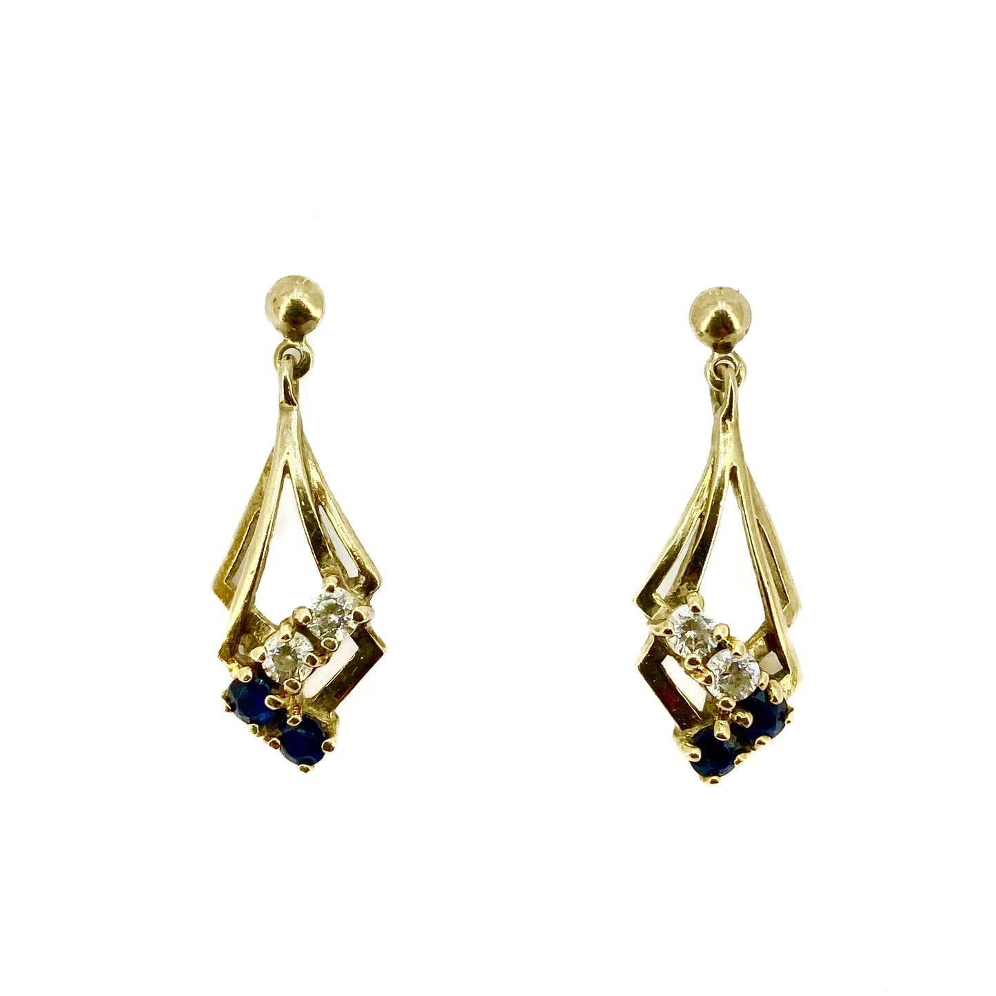 9ct Yellow Gold  Sapphire and CZ Set Drop Earrings Pre Loved